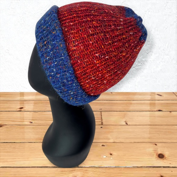 Handmade Cotton Alpaca Tweed Knit Blue Denim & Strawberry Red Unisex Beanie - Picture 8 of 10